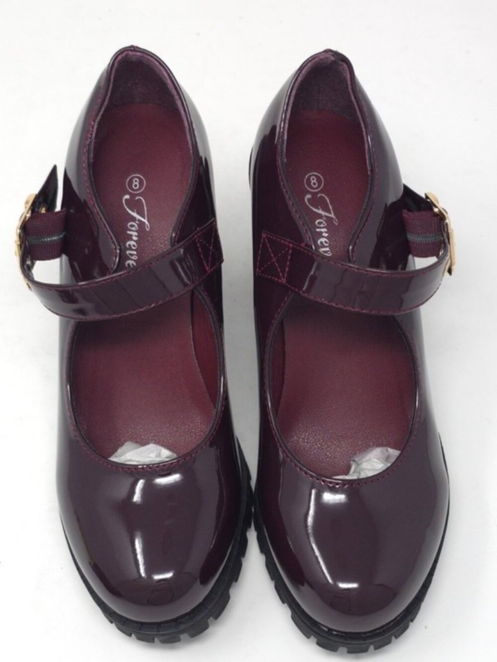 Burgundy Patent Faux Leather Mary Jane Platform Chunky Heel Lug Sole Trendy - Picture 11 of 11